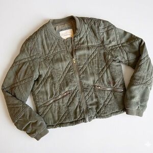 Anthropologie Quilted Bomber Jacket Small Olive Green Lyocell Soft Zip Moto Coat